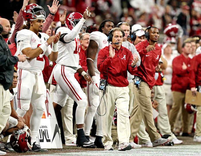 Jan 8, 2018; Atlanta, GA, USA; Alabama Crimson Tide head coach Nick Saban reacts during the third quarter against the Georgia Bulldogs in the 2018 CFP national championship college football game at Mercedes-Benz Stadium. Mandatory Credit: Jason Getz-USA TODAY Sports